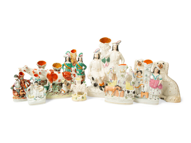 A Collection of Eight Staffordshire Spill Vases and a Pair of Seated Spaniels