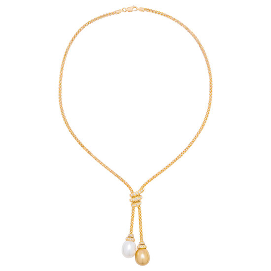 A Cultured Pearl, Diamond and Gold Necklace