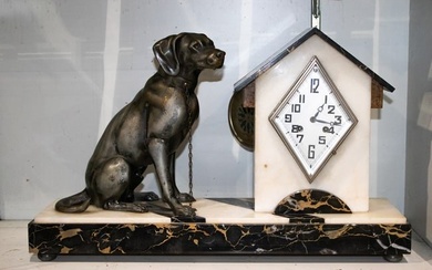 A French Art Deco metal mounted mixed marble dog house mantel clock, circa 1930, the diamond shaped