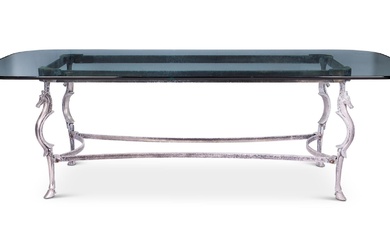 A GLASS AND PATINATED STEEL DINING TABLE AFTER MAISON JANSEN, 1970s