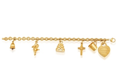 A GOLD AND DIAMOND CHARM BRACELET, BY TIFFANY & CO. The cab...
