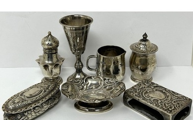 A George V silver pepper, a cream jug, and other items, vari...
