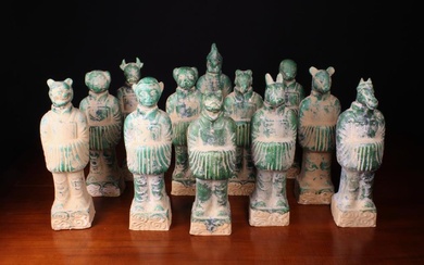 A Group of Twelve Green Glazed Terracotta Chinese Zodiac Animal-headed Figures, approx 16'' (41 cm)