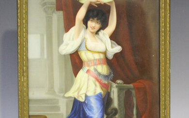 A KPM porcelain plaque, late 19th century, after Pierre-Auguste Cot, depicting The Bayadere, the fem