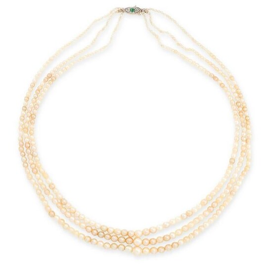A NATURAL PEARL, EMERALD AND DIAMOND NECKLACE