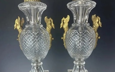 A PAIR OF DORE BRONZE MOUNTED BACCARAT CRYSTAL VASES