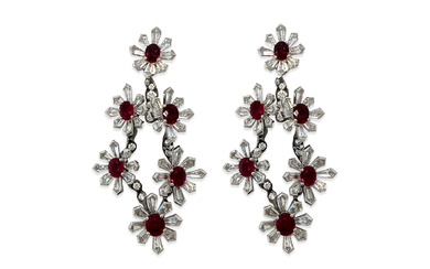 A PAIR OF RUBY AND DIAMOND EAR PENDANTS
