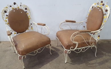 A PAIR OF WROUGHT IRON FRENCH STYLE CHAIRS