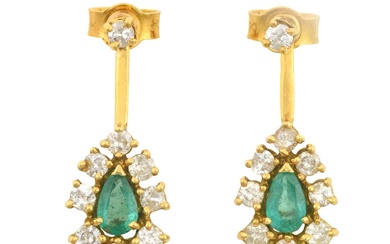 A Pair of 18 Carat Gold Emerald and Diamond Drop...