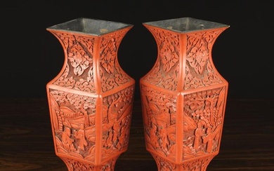A Pair of Antique Chinese Cinnabar Lacquered Vases of square baluster form (A/F) 10'' (25.5 cm) in h