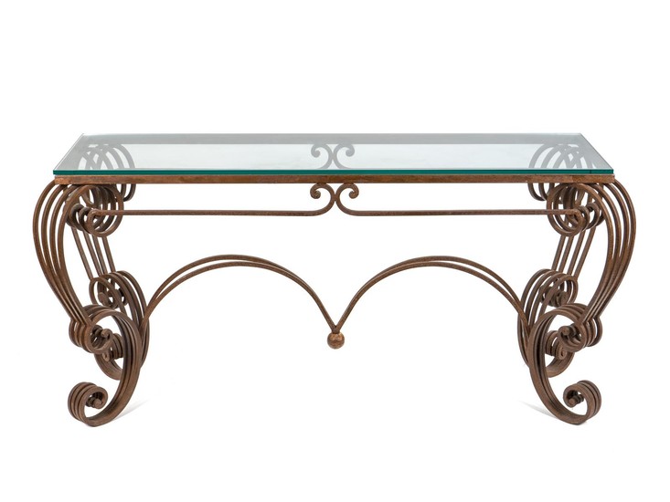 A Rococo Style Wrought Iron and Glass Patio Table