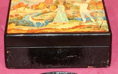 A Russian lacquered square box, depicting gentleman playing ...