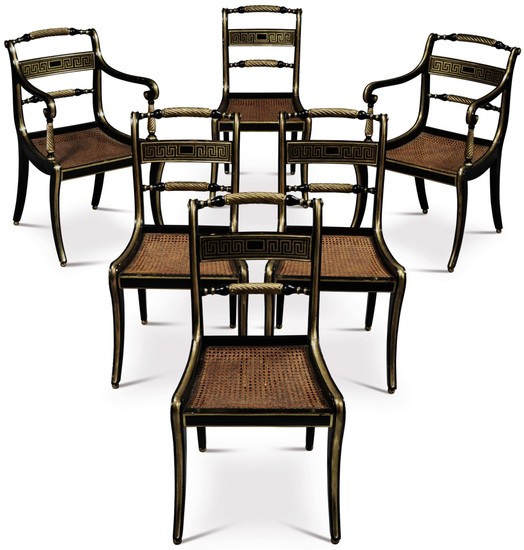 A SET OF SIX REGENCY BLACK PAINTED AND PARCEL GILT DINING CHAIRS, CIRCA 1815