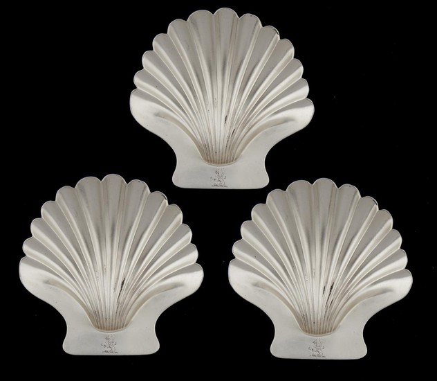 A SET OF THREE GEORGE III SILVER BUTTER SHELLS, crested, 12...