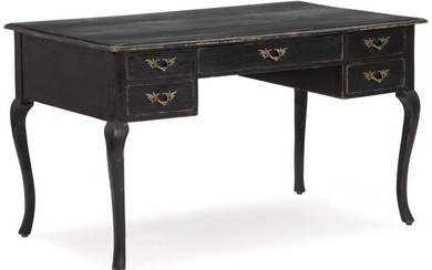 A Swedish rococo style black painted writing desk, front with five drawers....