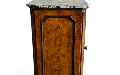 A Victorian burr walnut marble topped pot cupboard The grey...