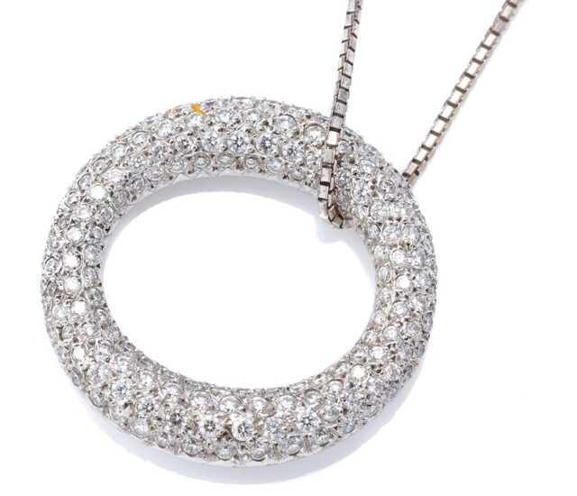 A WHITE GOLD DIAMOND PENDANT ON CHAIN; 18ct white gold hoop pendant pave set with 154 round brilliant cut diamonds, length 3cm, wt....
