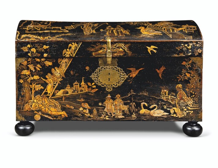 A WILLIAM & MARY BLACK AND GILT-JPANNED DOME-TOPPED COFFER, LATE 17TH CENTURY