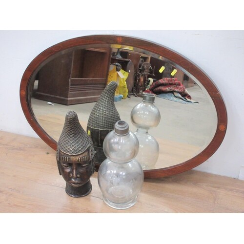 A bronze effect Benin Head, a glass double gourd shaped Vase...