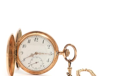 A circa 1900 14k gold hunting cased pocket watch, white enameled dial...