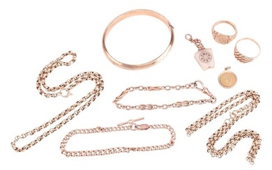 A collection of jewellery items including a 9ct gold curb link bracelet with attached T-bar, a 9ct g
