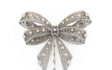 A diamond and pearl ribbon bow brooch, c.1915