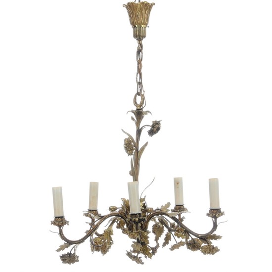 A five-light French gilt-bronze chandelier. Electrical. Ca. 1930. H. 75 cm. Diam. 48 cm.