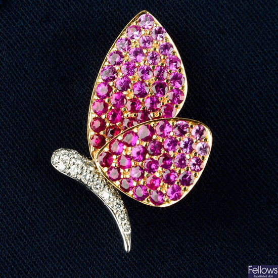 A graduated pink sapphire and brilliant-cut diamond butterfly brooch.