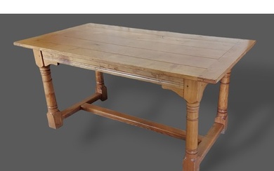 A green oak refectory style dining table, the plank top abov...
