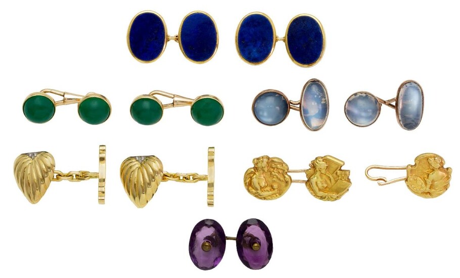 A group of five pairs of cufflinks, comprising: one pair of Art Nouveau design, each panel depicting a figure representing the Arts, painting, sculpture and literature, French marks, one panel missing; one pair of heart design accented with...
