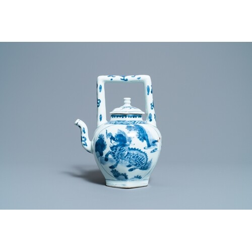 A large Chinese blue and white 'qilin' wine ewer and cover, ...