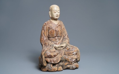 A large Chinese painted wood figure of a...