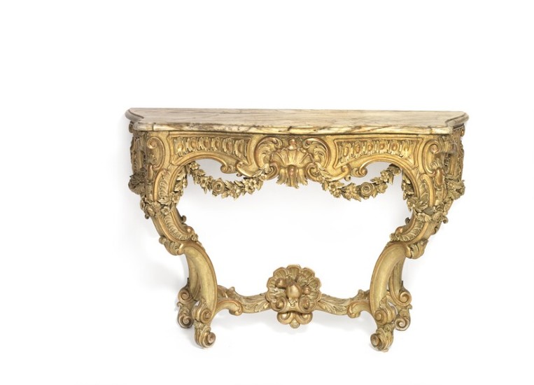 A large French Louis XV style giltwood console. C. 1850. H. 82 cm. W. 130 cm. D. 59 cm.