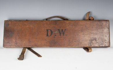 A late 19th/early 20th century brown leather gun case, width 82cm, together with an antler handled r