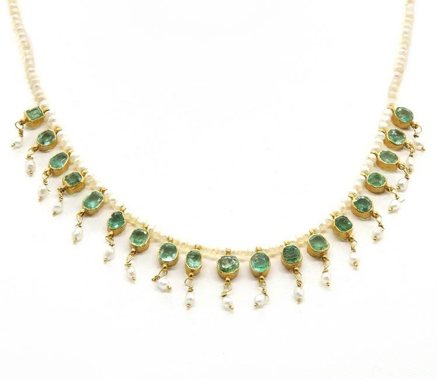 A late Victorian emerald and seed pearl fringe necklace