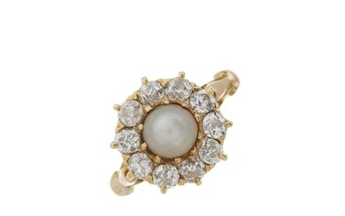 A late Victorian gold pearl and diamond cluster ring