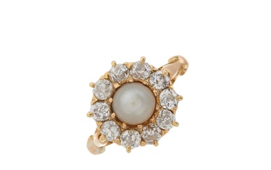 A late Victorian gold pearl and old-cut diamond cluster ring...