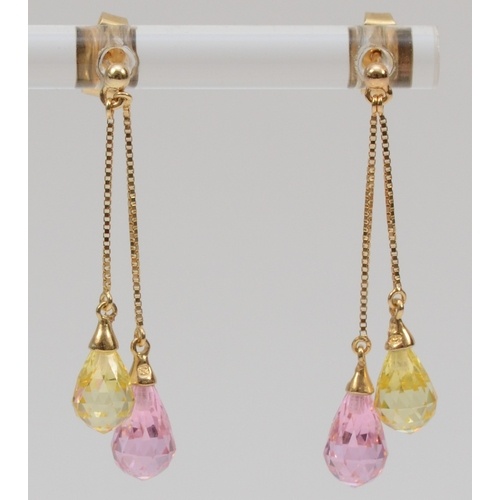 A pair of 14k gold pink and yellow briolette cut cubic zirco...