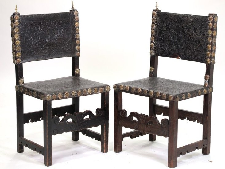 A pair of 18th-Century Portuguese cordovan leather chairs....