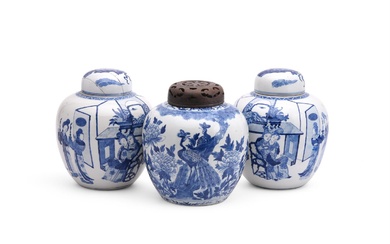A pair of Chinese blue and white ginger jars and covers