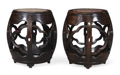 A pair of Chinese hongmu marble inset barrel form stools Qing dynasty,...