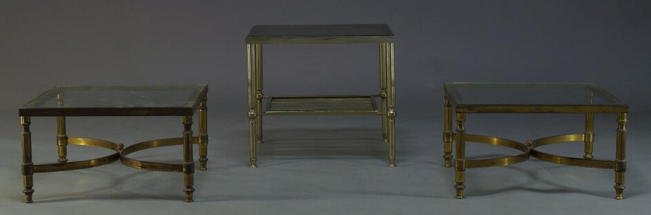 A pair of brass side tables, c.1960, the square glass...