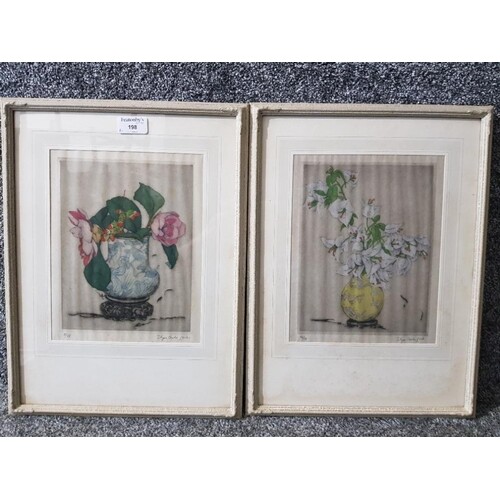 A pair of limited edition signed hand coloured etchings by E...