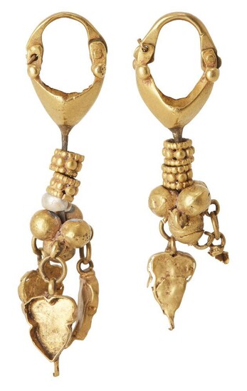 A pair of seed pearl leaf and roundel gold pendant earrings in the ancient style, each approx. 5cm. high, 11 grams (2) Provenance: Private Collection Oliver Hoare (1945-2018); acquired Antiquari F. Cervera Arqueologica, Madrid Spain 2 December 1996