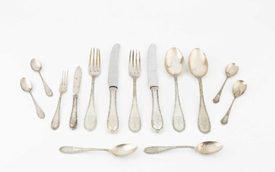 A part service of German silver flatware, comprising 6 table...