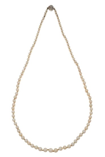 A pearl necklace, composed of a single row of graduated pearls, diameters ranging from 3.1mm to 5.9mm, to an early 20th century old-brilliant-cut diamond circular cluster clasp, approx. length 50cm A verbal opinion from the Gemmological...