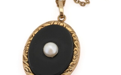 SOLD. A pendant set with a polished onyx dial and a cultured pearl, mounted in...