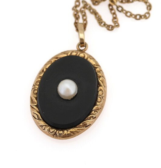 SOLD. A pendant set with a polished onyx dial and a cultured pearl, mounted in...
