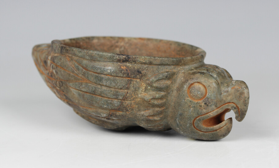 A pre-Columbian Mayan style carved green hardstone zoomorphic offering bowl, probably 400-800 AD, fi