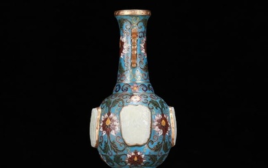 A precious cloisonné vase inlaid with white jade with flower and bird patterns